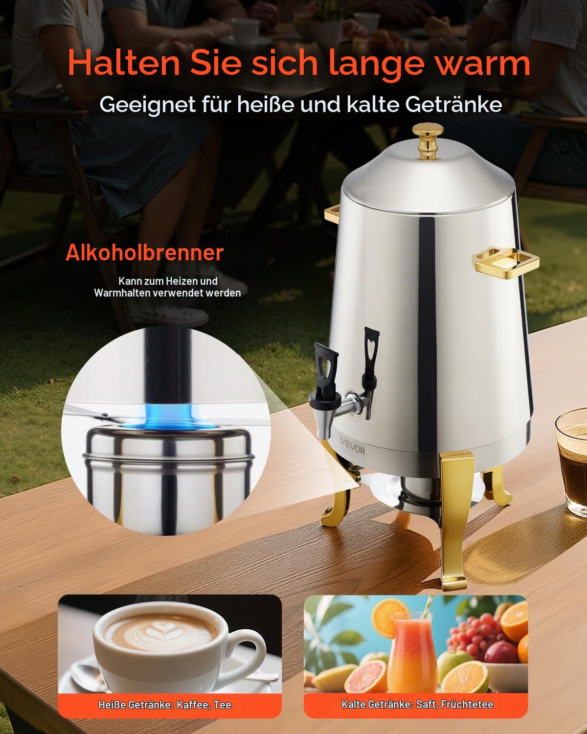 VEVOR Getränkespender Heißgetränkespender (13 L) aus Edelstahl mit Alkoholbrenner, Kaltgetränkespender mit tropffreier Zapfhahn für Kaffee Tee heißes Wasser, für Restaurants Hotels Partys