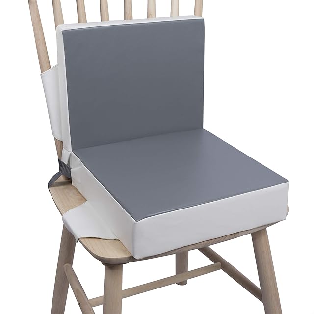 Kalawen Waterproof Booster Seat for Dining Chair, PU Washable 2 Straps Safety Buckle Kids Booster Seat for Dining Table, Toddler Booster Seat 2-Piece Set-Gray