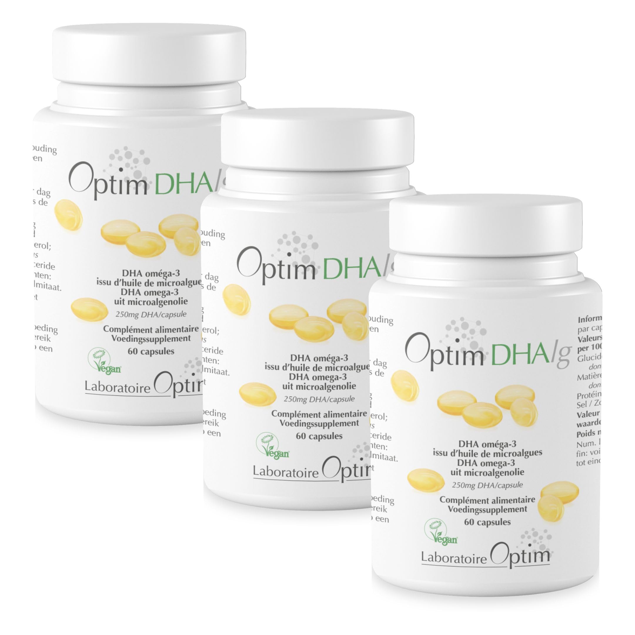 OPTIM DHAlg Oméga 3 DHA Vegan 250 mg Pack 3 x 60 Gélules | Huile de microalgues Schizochytrium, Sans poisson, Vegan Society, Cerveau & Vision, complément alimentaire