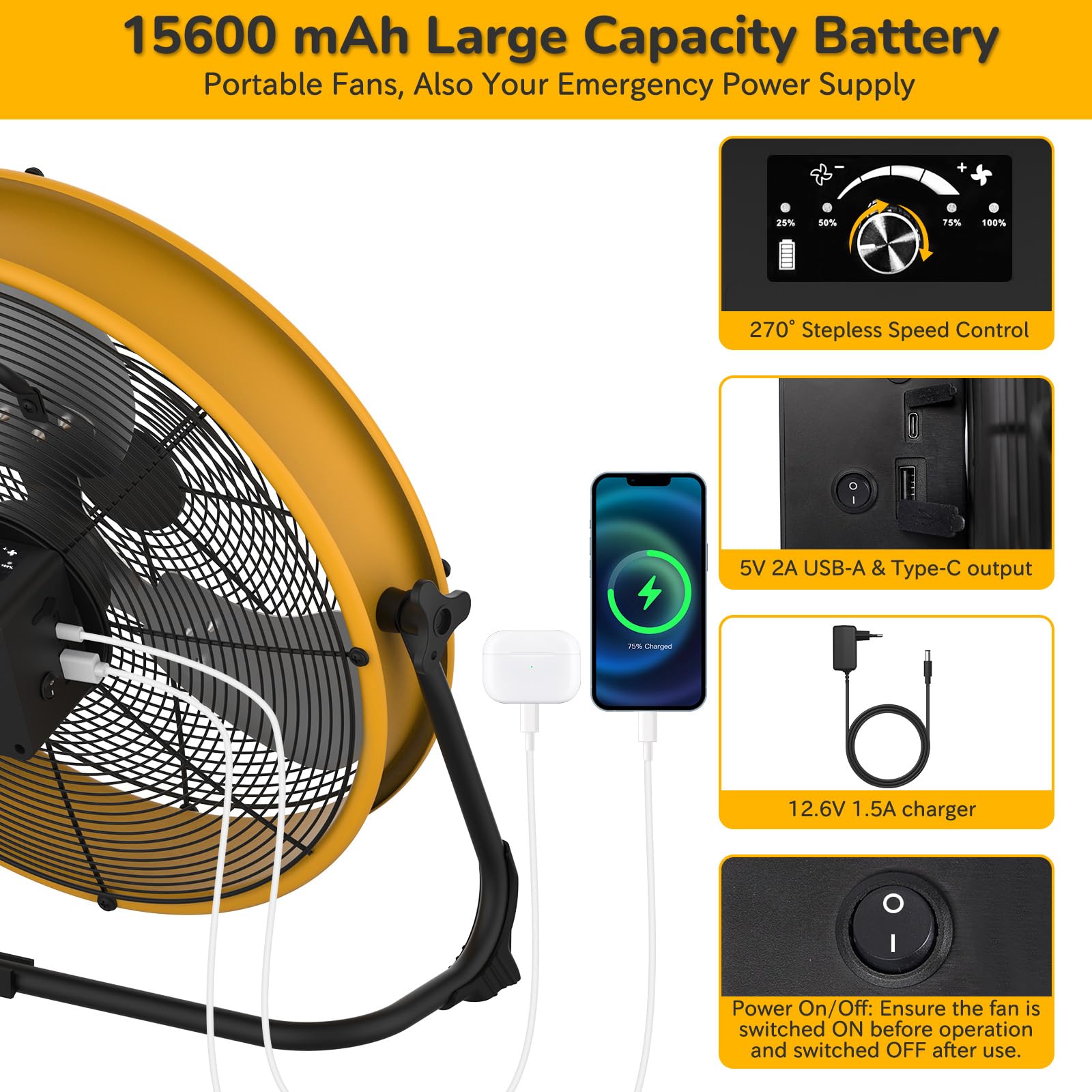 T-SUN 16inch Solar Ventilator für Außen, 25W Solar Lüfter mit 5M Kabel, Adapter, 15600mAh Solarantriebslüfter, Bodenventilator für Werkstatt, Haustierhäuser, Garage, Camping, Abkühlen, Grillpartys
