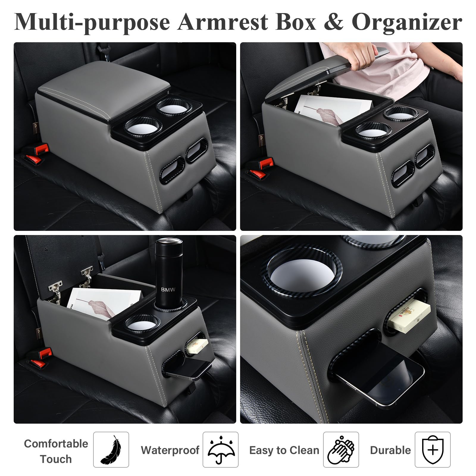 Coverado Auto Mittelkonsole, Universal Mittelkonsole Auto Rückbank, Rücksitz Automobile Organizer mit Cup Halter, Armlehnen Box Universal Fit für die meisten Limousinen SUV Pick-up-Truck