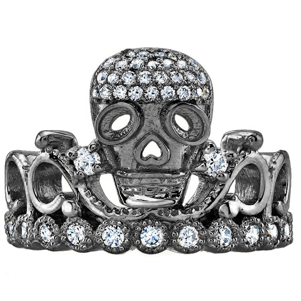 Guliette VeronaSterling Silver CZ Skull Crown Ring (Black Rhodium Plated)