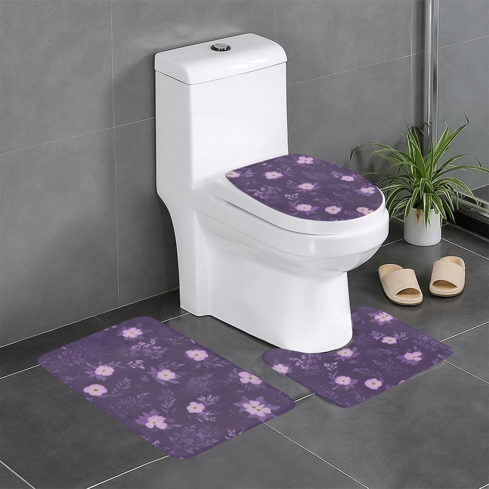 Tapis de salle de bain antidérapants violets à motif floral sécurisants