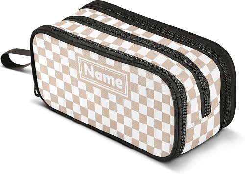 Custom Brown White Checkered Pencil Case Large Capacity Pencil Pouch Boys Girls 3 Compartment Pen Bag School Office Stationery Organizer Men Women