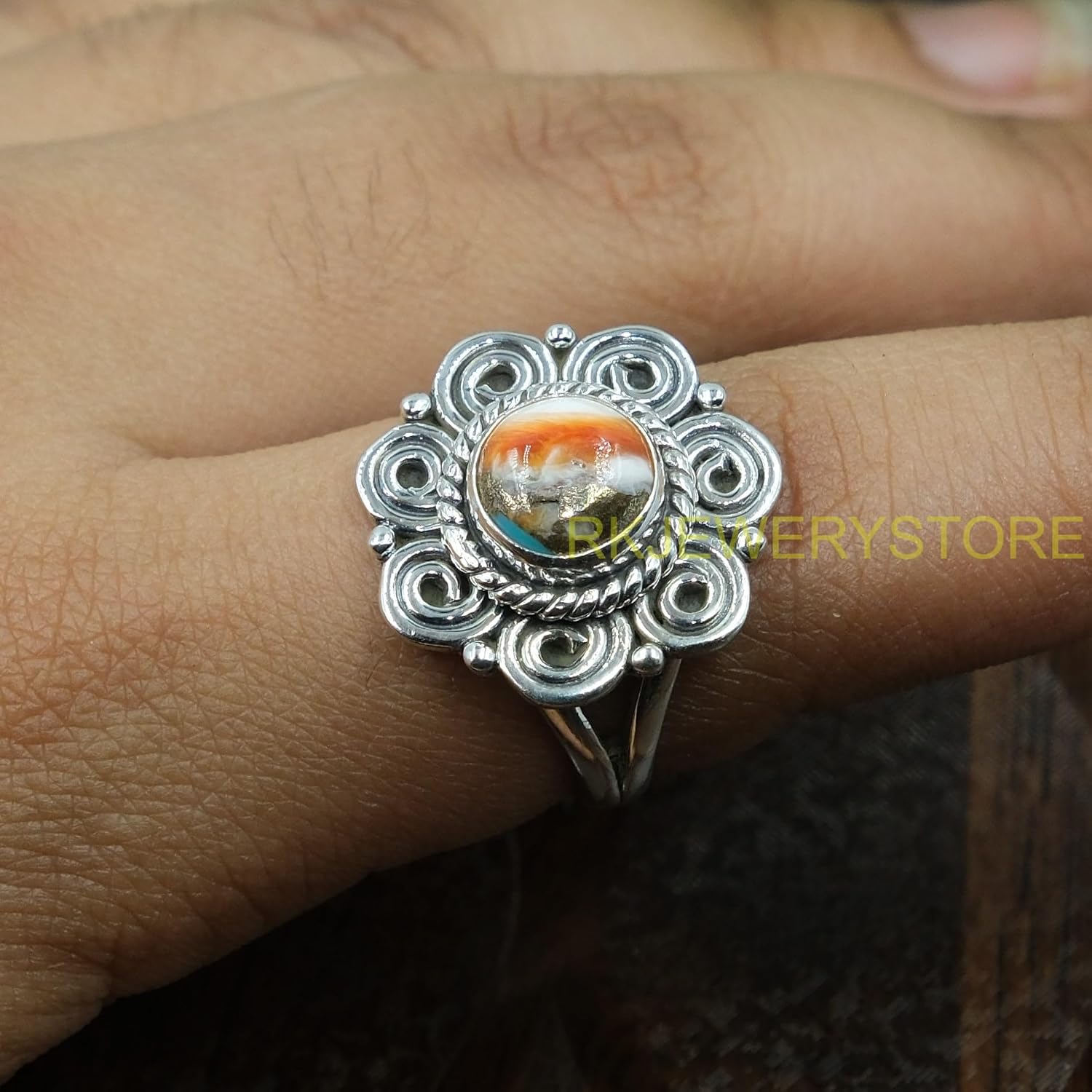 Natural Orange Spiny Oyster Turquoise Gemstone Pure 925 Sterling Silver Handmade Unique Design Statement Promise Ring Jewelry Gift for Women