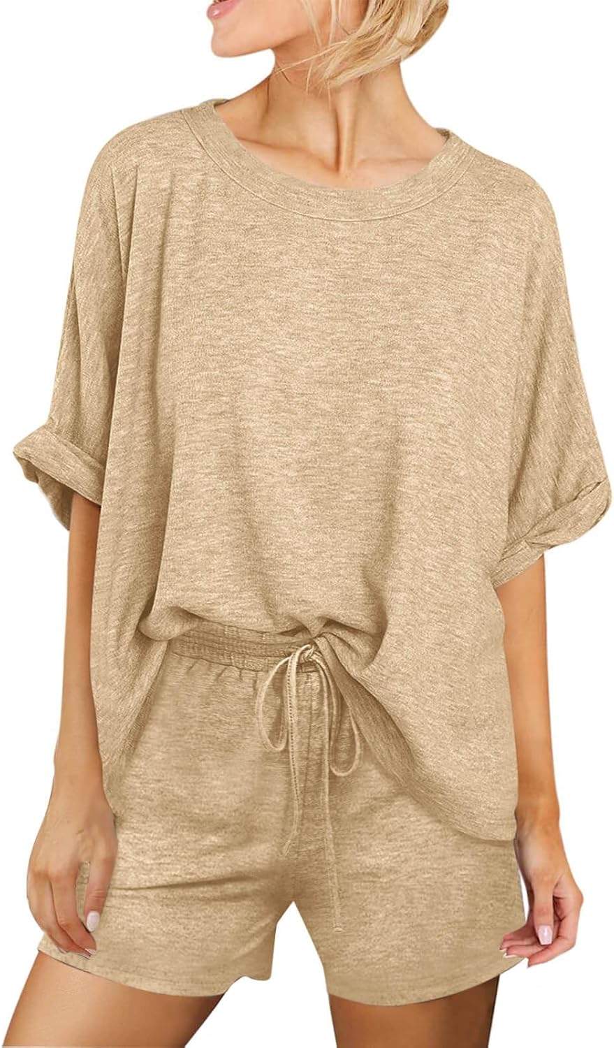 Tankaneo Womens 2 Piece Lounge Sets Oversized Short Sleeve T-shirts Drawstring Shorts Sets Pajamas Summer Outfits