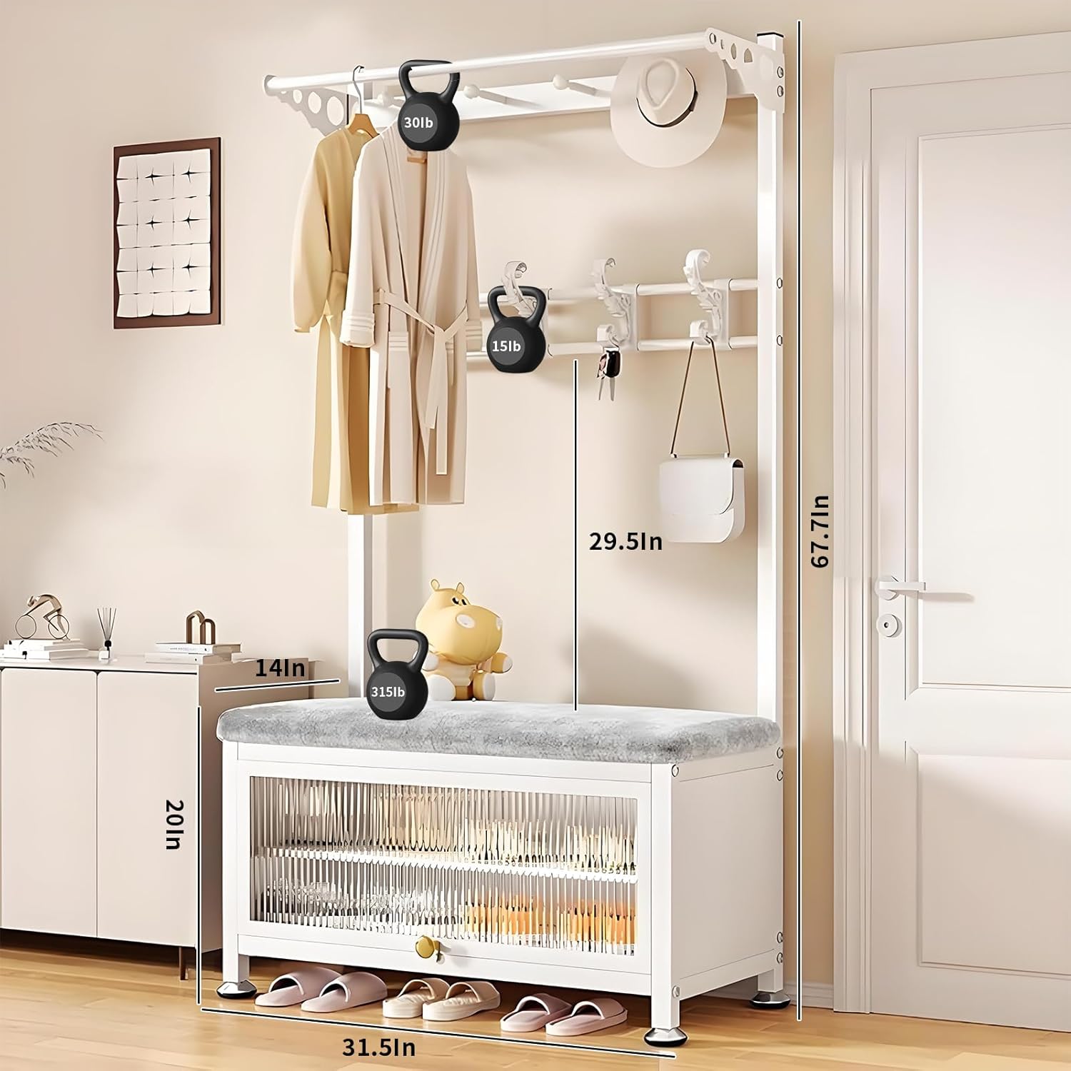 hall tree with bench and shoe storage sturdy metal entryway organizer with hooks & shelves freestanding coat rack with shoe bench for hallway bedroom living room white 31.5×14.2×67.7 in white 31.5 in