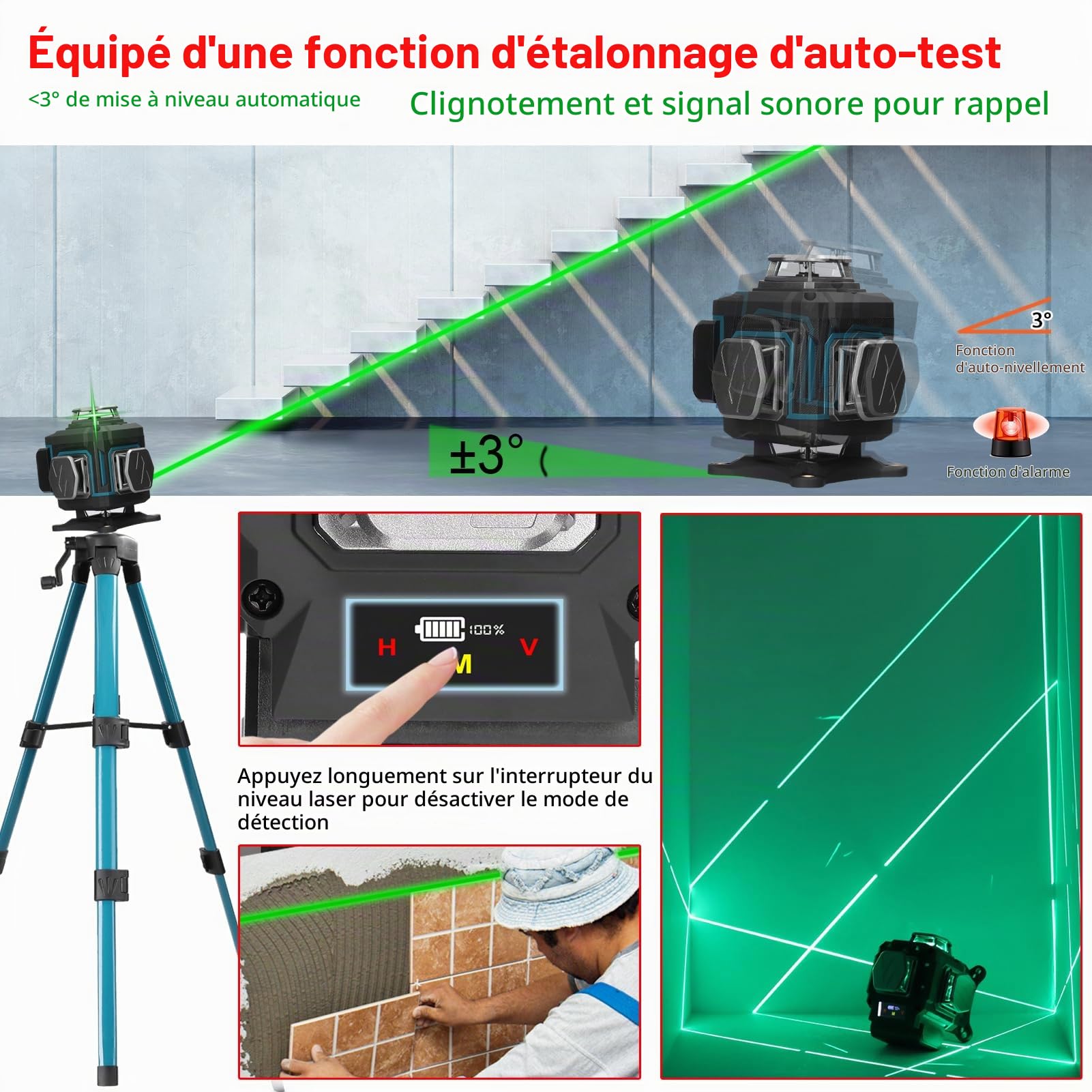 Niveau laser 16 lignes,4 x 360° Autonivelant Niveau Laser avec Trepied, Batterie Rechargeable,Luminosité Laser Réglable,Fenêtre Laser Rotative 360°, APP, Télécommande,IP54 Étanche et Anti-Poussière