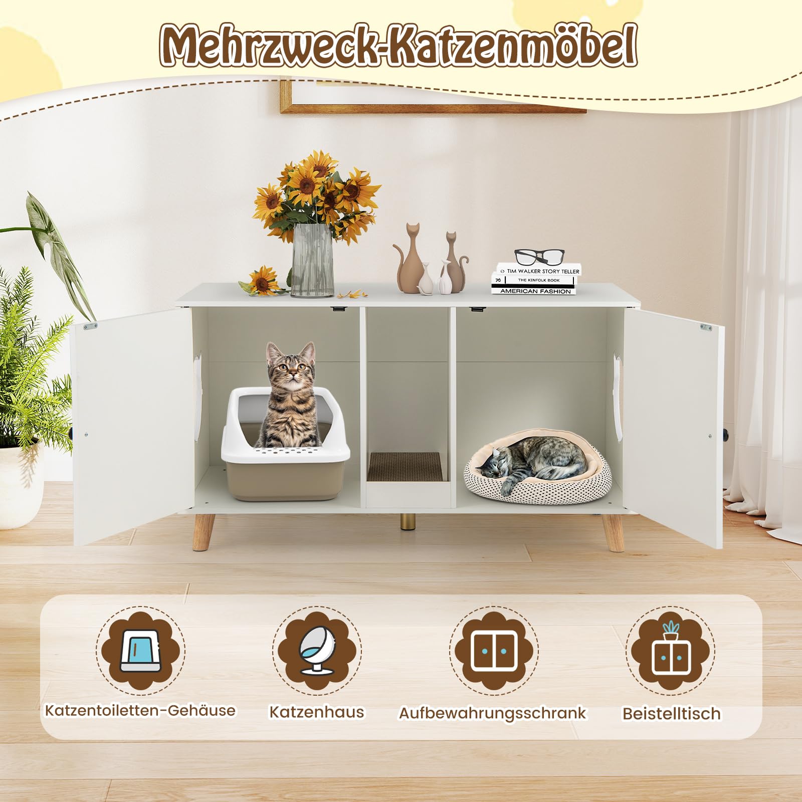 COSTWAY Katzenschrank für Katzentoilette, Katzenklo Schrank mit 2 Türen & Kratzbrett & 2 Sisal-Kratzmatten & Eingang, Katzenhaus für 2 Katzen, Katzenmöbel Beistelltisch, 108 x 50 x 60 cm (Weiß)