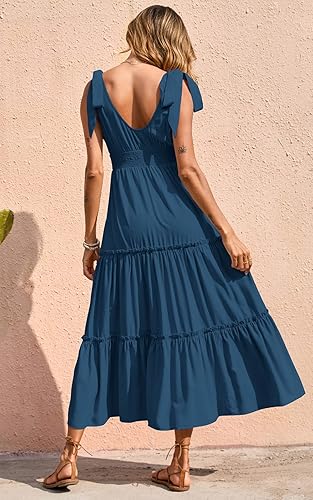 Miniatura 5 de Prettygarden Vestido largo de verano, con cuello cruzado, para mujer, sin mangas, escalonado, con tirantes fruncidos, para la playa, vestido largo