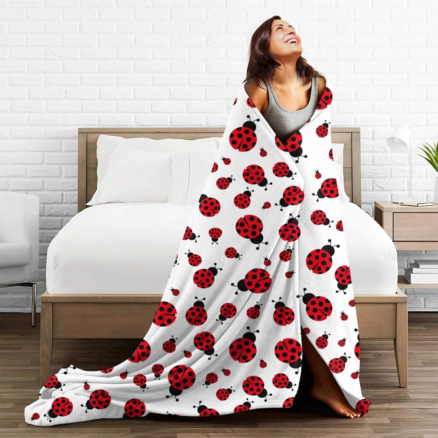 Ladybug Throw Blanket, 80"x60", Red, Flannel, Soft & Warm, Lightweight & Airy, All Season Use, Machine Washable