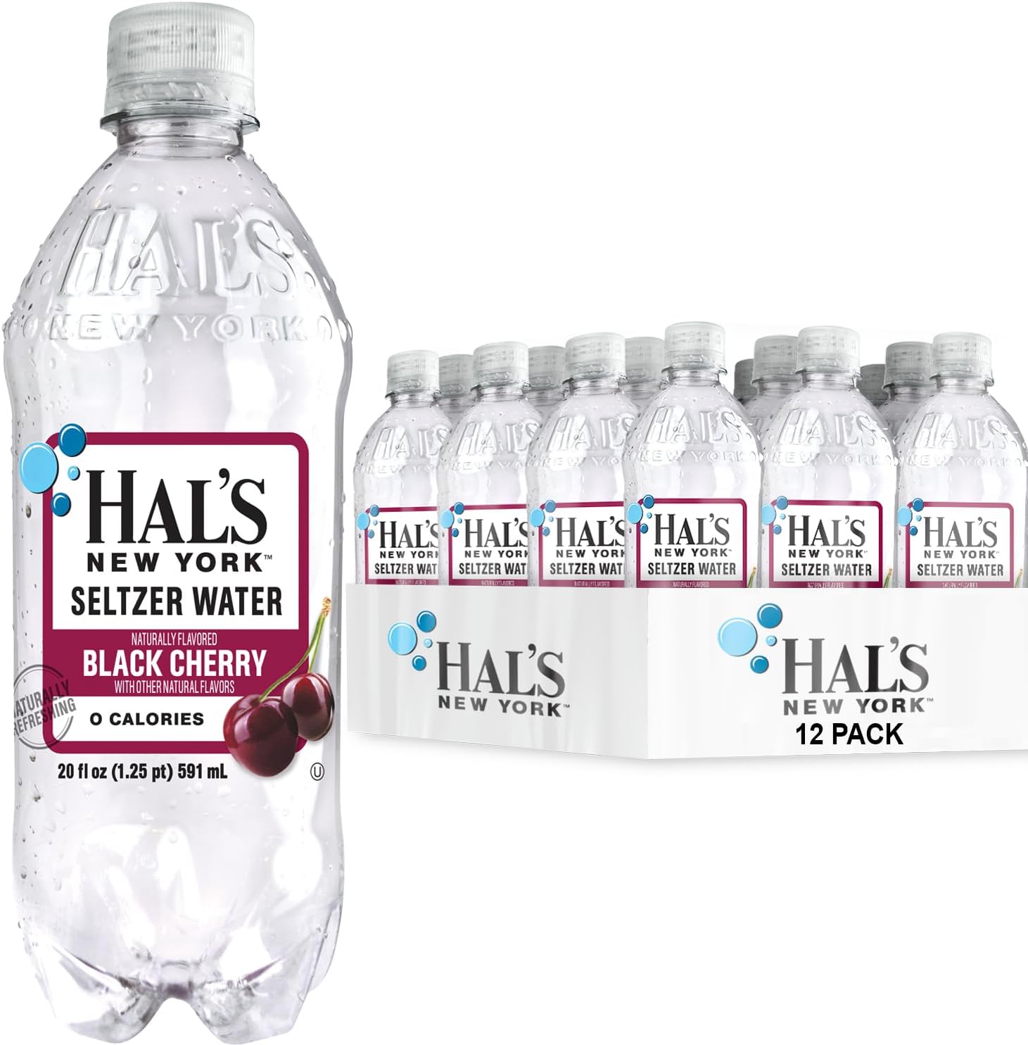 Hal's New York Seltzer Water, Black Cherry Sparkling Water, 20 Fl Oz Bottles (Pack of 12)
