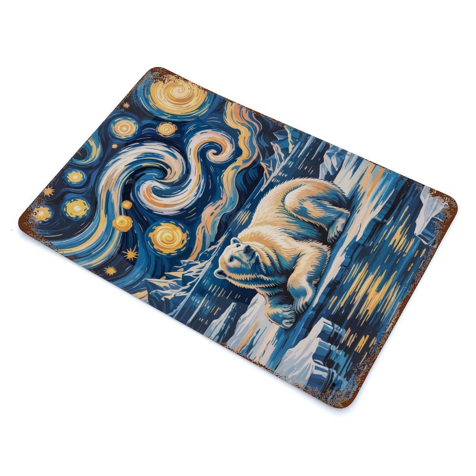 Polar Bear Starry Night Art Weathered Tin Sign 11.8"x7.9", Ideal for Shed, Workshop And Garage Wall Decor