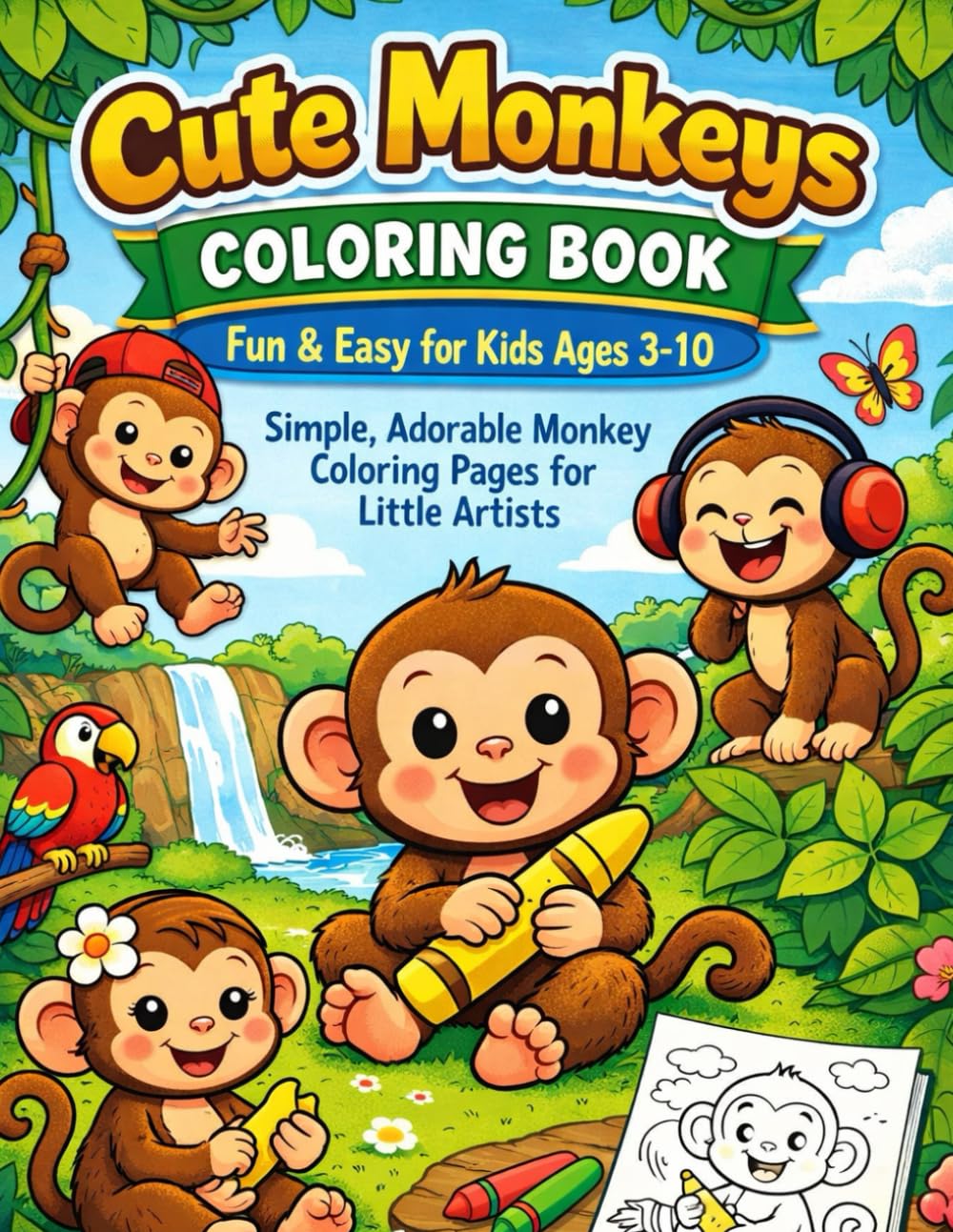 Cute monkeys colouring book for kids ages 3-10: Simple adorable moneys colouring pages for little artist
