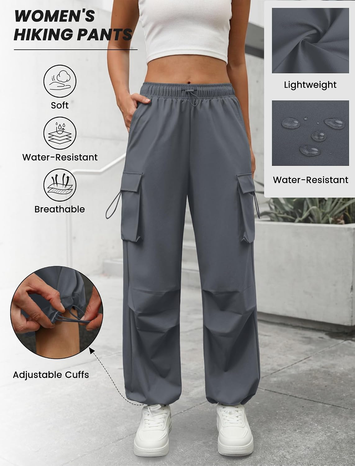  Parachute Cargo Pants Women Baggy Hiking Travel Pants 4 Pockets thumbnail