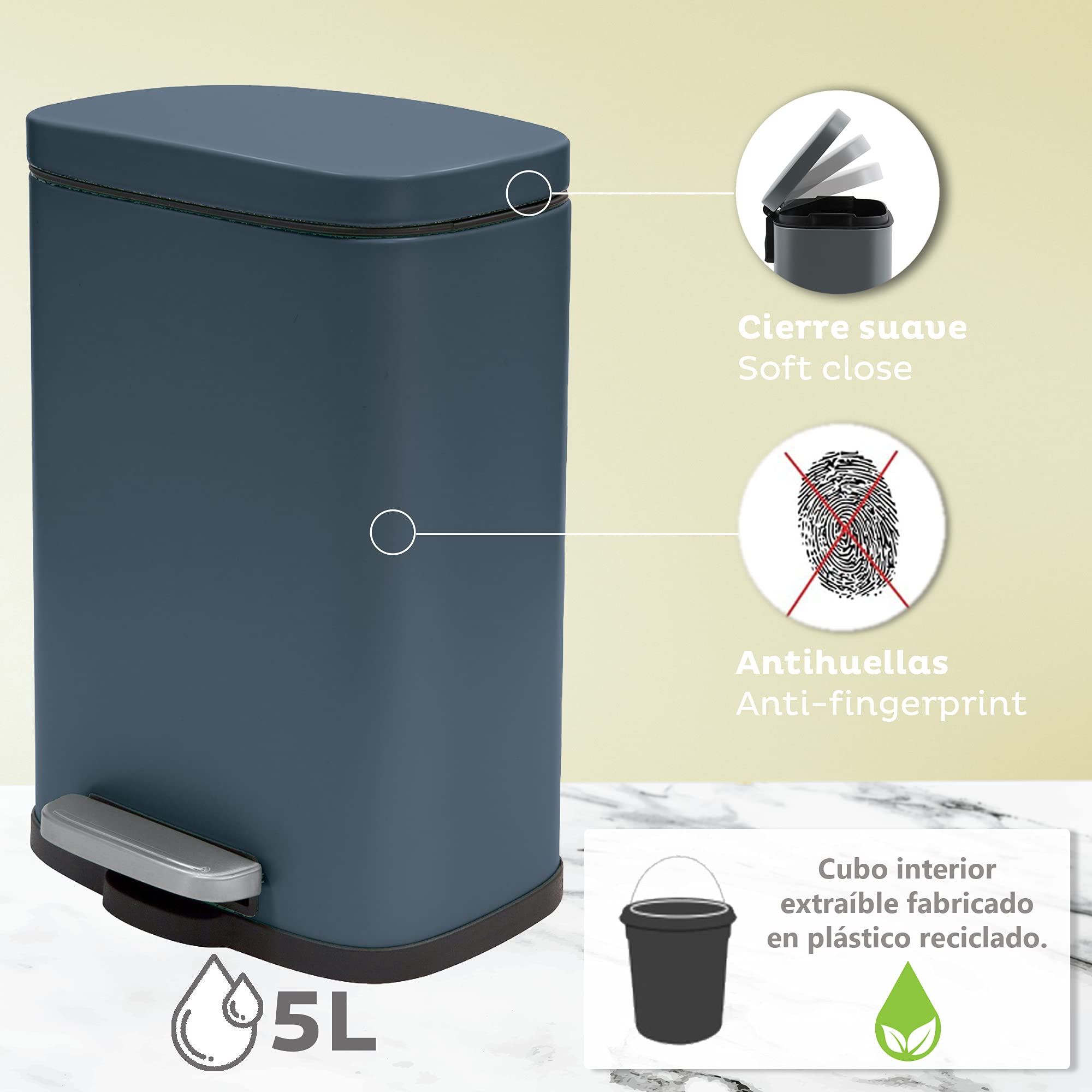 Spirella - Pattumiera da Bagno a Pedale Akira in Acciaio Inox - Chiusura rallentata, Rivestimento Anti-Impronte - 21,4 x 17,6 x 30 cm - 5 L - Petrolio Opaco