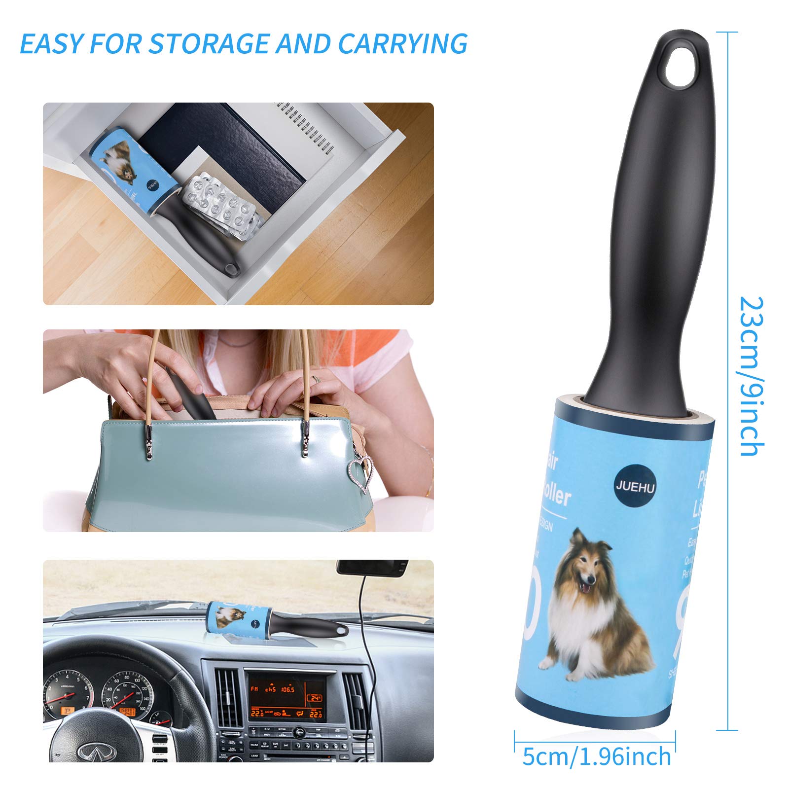 jiehu Rullo di lanugine da 2 Manici e 6 ricariche Fogli Rulli adesivi leva peli lint roller Rotoli adesivi per peli Spazzole adesive Rotolo Rullo levapelucchi adesivo Capelli,Peli di Cane/Gatto