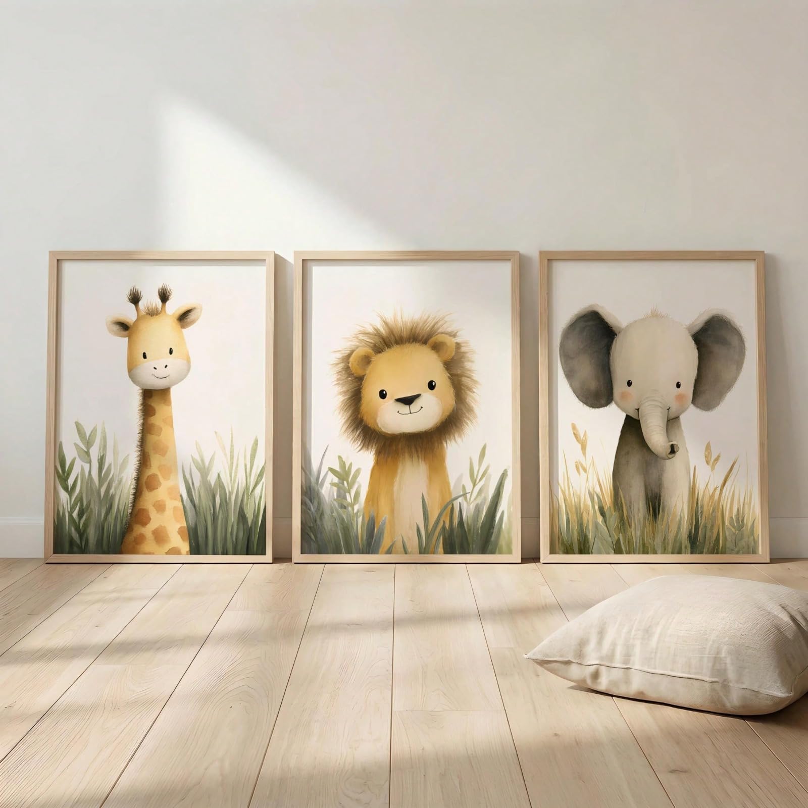 ZBELLO Soft Neutral Safari Animal Wall Art Set of 3, Watercolor Giraffe & Elephant Prints, Minimalist Nursery Decor for Kids Playroom Bedroom, Unframed (21x30cm)