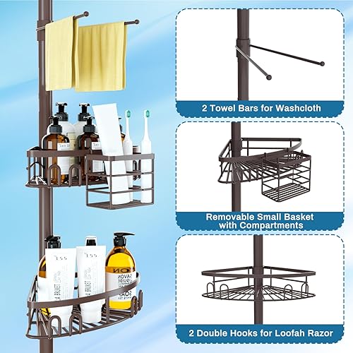 Miniatura 4 de Estante de esquina de ducha a prueba de óxido para baño, organizador de barra de tensión con 4 cestas para almacenamiento de champú de 23.6 a 114.5