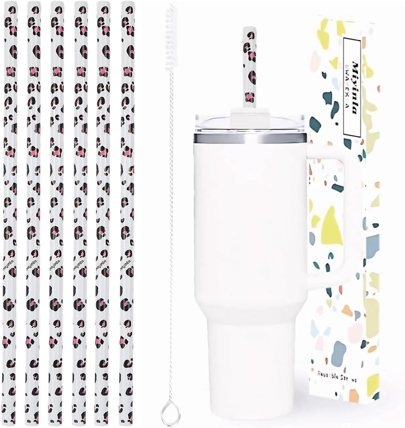 40oz Replacement Straws 6 Pack | 12 Inch Plastic Extra Long Water Bottle Reusable Straws for Cup Tumbler with Cleaning Brush