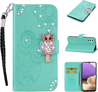 Wallet Phone Case for Samsung A35 5G, Galaxy A35 5G Case Kickstand Card Holder Slot Cute Owl Diamond Flip Case Premium PU Leather Case Compatible with Samsung Galaxy A35 5G Owl Green YK