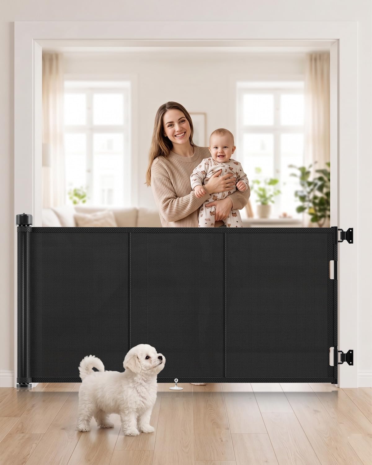 Upgraded 180cm Reinforced Retractable Stair Gate with Reinforced Strip Design to Prevent Crawling Through, 86cm Tall Retractable Baby Gate for Doorways, Hallways