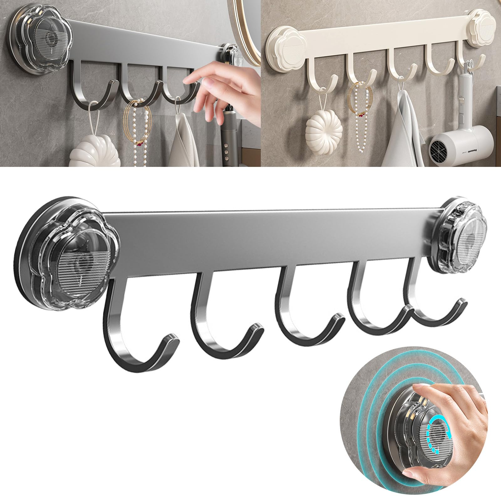 Boxonly 5 Hooks Gray Suction Cup Shower Hooks