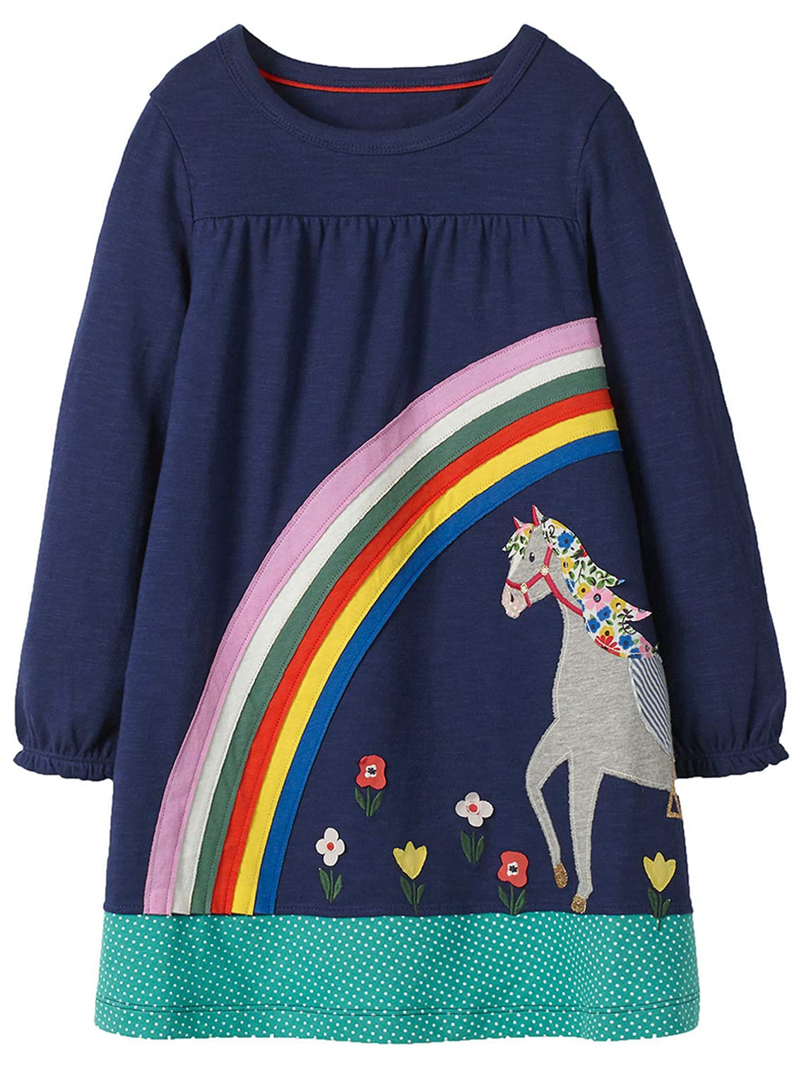 Ohbabyka Girls' Dresses Cute Casual Cotton Animals Printed Stripes Long Sleeve Dress