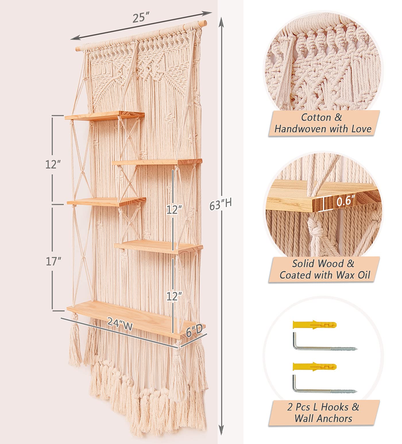 Mensola Angolare per Camera da Letto, Bagno, Soggiorno e Ufficio - Mensola Galleggiante in Legno Intrecciato * * Stile Bohémien Intrecciato a * * per Piante in Vaso e Cornici