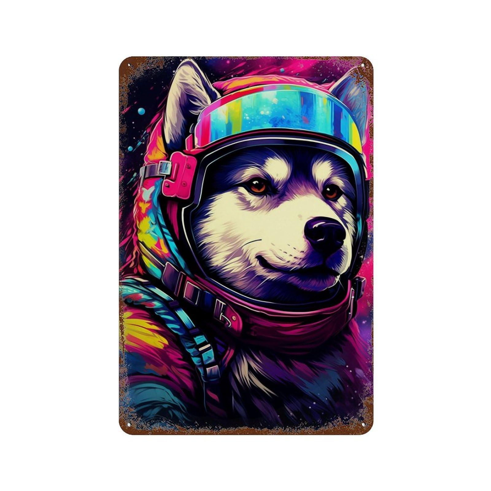 Decorative Tin Sign with Cosmic Husky Explorer Design 11.8"x7.9", for Basement, Hobby Room And Garage Decor, Farmhouse Wall Decor
