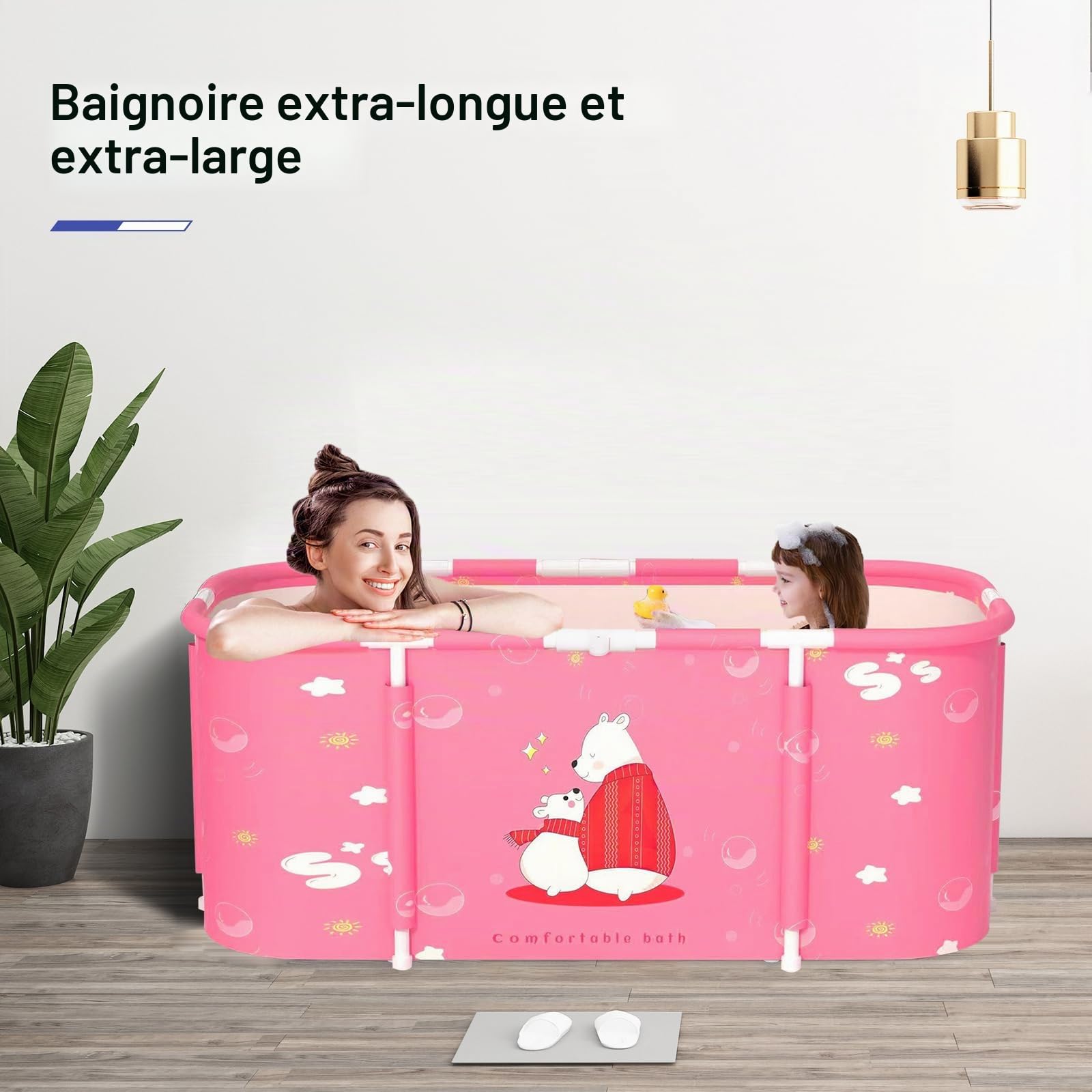Baignoire pliable pour adultes, 115 x 60 cm, installation facile, bac pliable écologique, idéal pour la détente domestique et spa, baignoire adulte (rose)