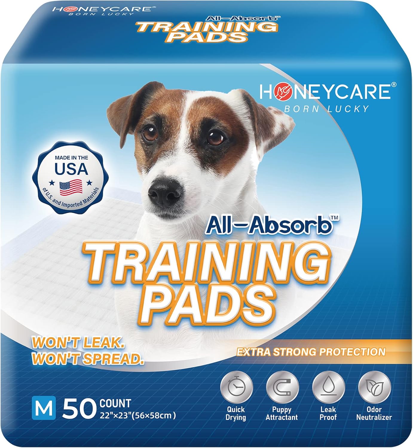 Honey Care All-Absorb Puppy Training Pads Made in The USA! Ultra Absorbent and Odor Eliminating, Leak-Proof 5-Layer Potty Training Pads 22″x23″ with Quick-Dry Surface