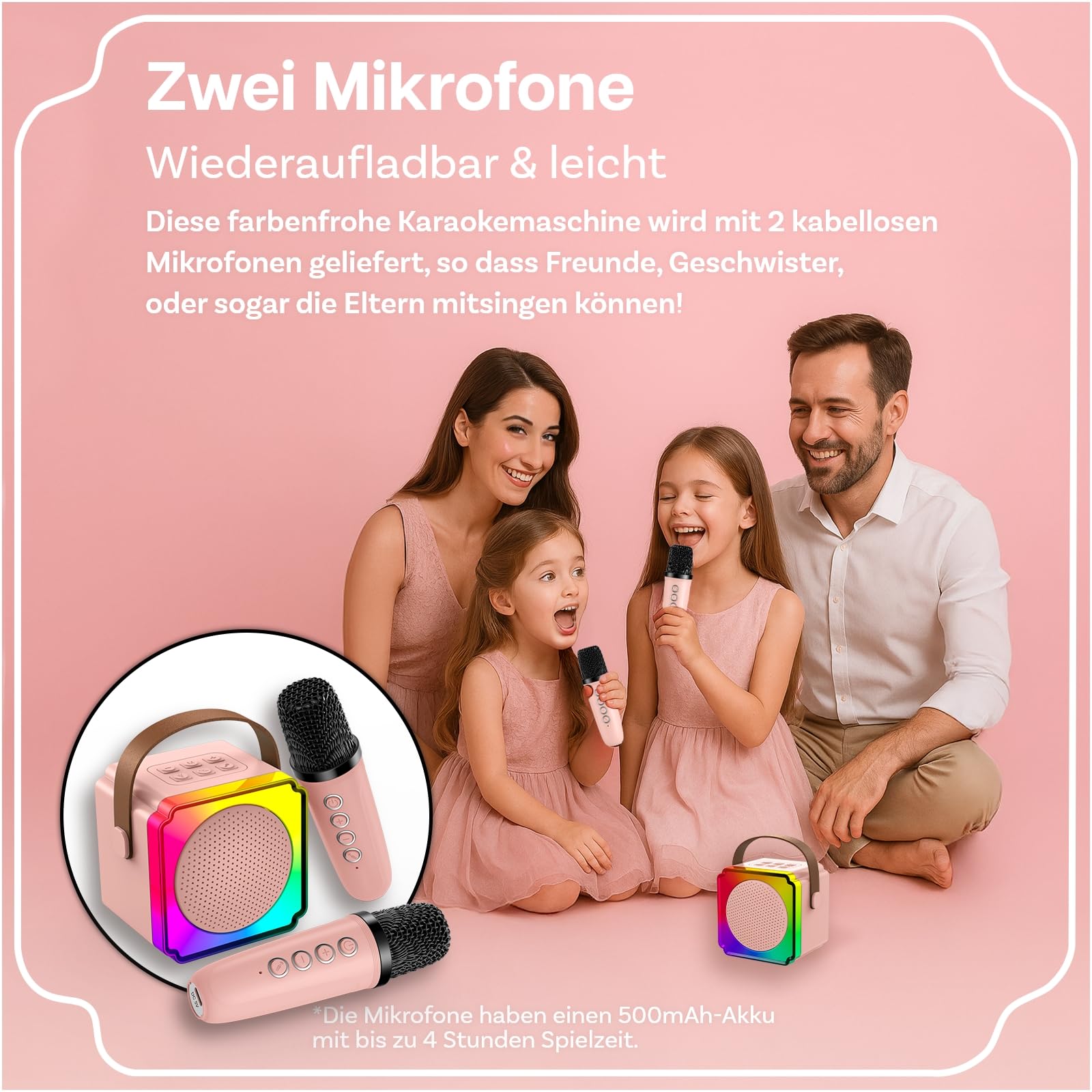 Karaoke Maschine Kinder mit 2 Mikrofon von MMOBIEL – Mini Karaoke Maschine, Tragbare Bluetooth Lautsprecher, 2 Mikrofon Kabellos – Spielzeug 3+ Jahre, Geschenke für Mädchen, Junge, Kinder – Rosa