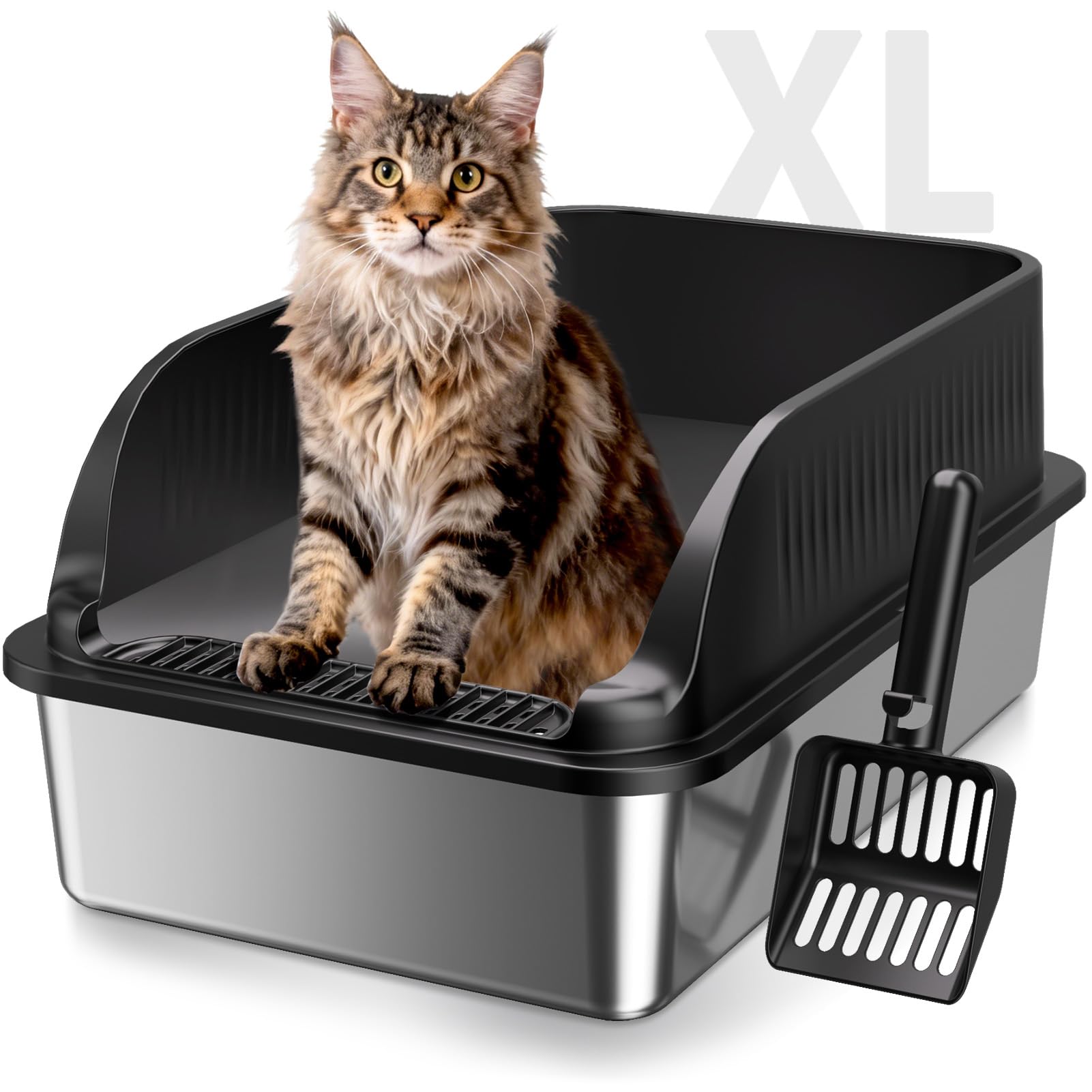 Stainless Steel Cat Litter Box, Extra Large XL Odor Free Metal Litter Box with High Sides Lid, Open Top Litter Pan Include Scoop Easy Cleaning Anti-Scratch Kitty Cat Box Anti-Urine Leakage, Non-Sticky