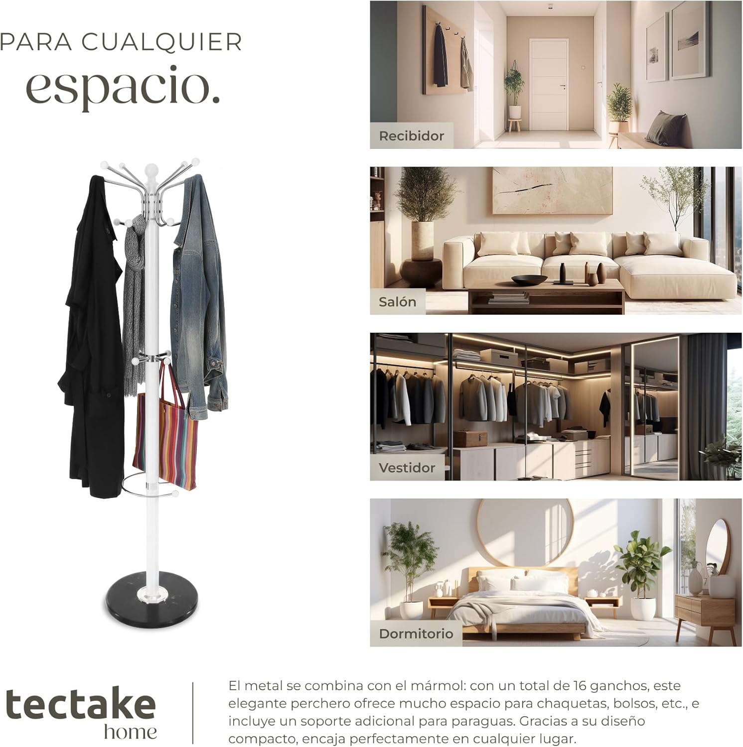 tectake coat rack shown in various home environments like an entryway, living room, bedroom, and dressing room