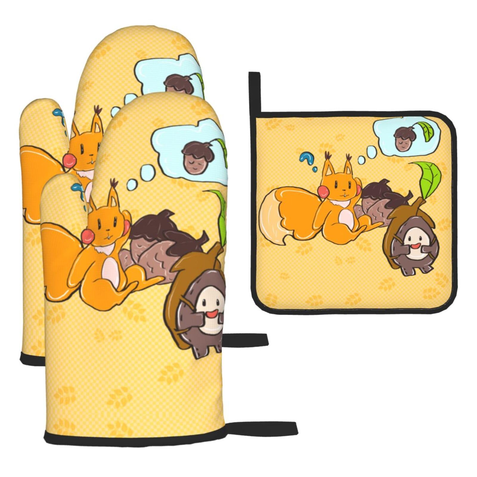 Sunflower Seed Squirrel Oven mittens and oven mitts three-piece set suitable for oven, grilling, baking, microwave and home cooking.
