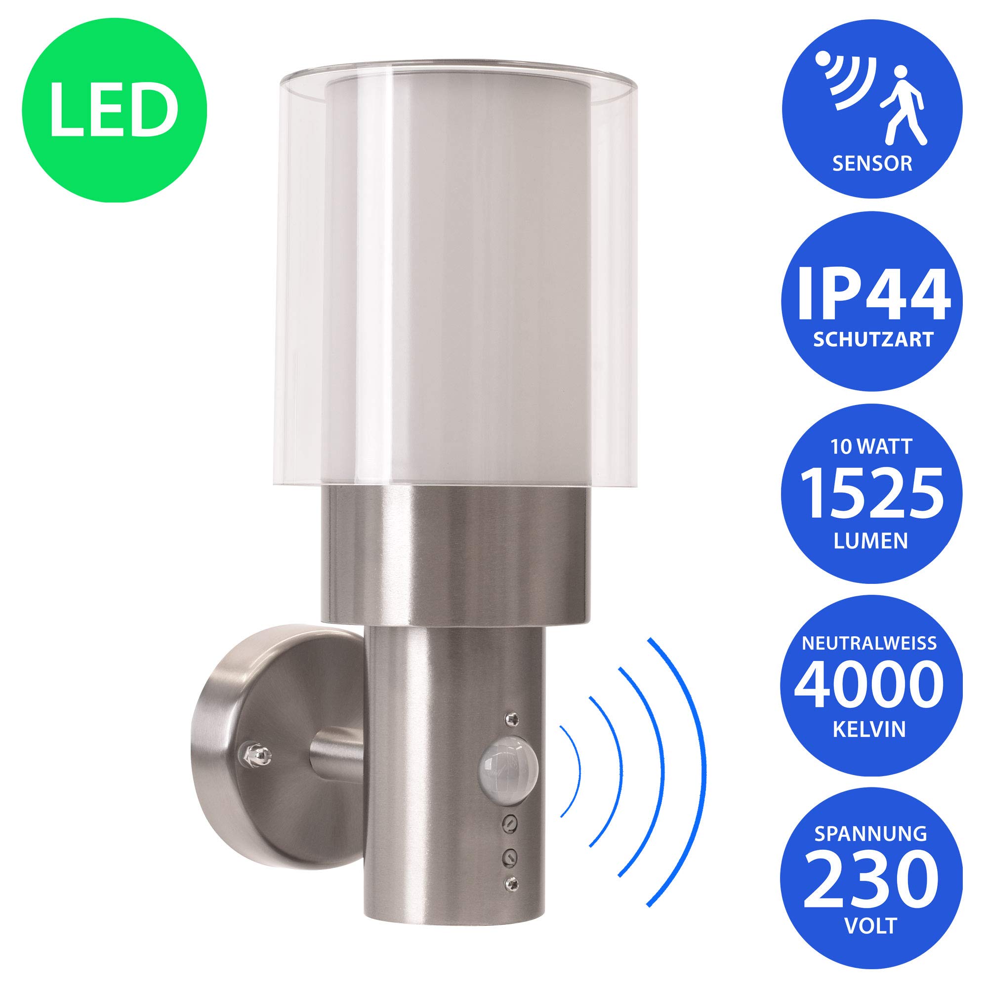 Maxkomfort Aussenleuchte mit Bewegungsmelder + 10W LED neutralweiß E27 Fassung Wand-leuchte Wandlampe Flurleuchte Edelstahl modern IP44 ASTERIA 1773 Gartenleuchte