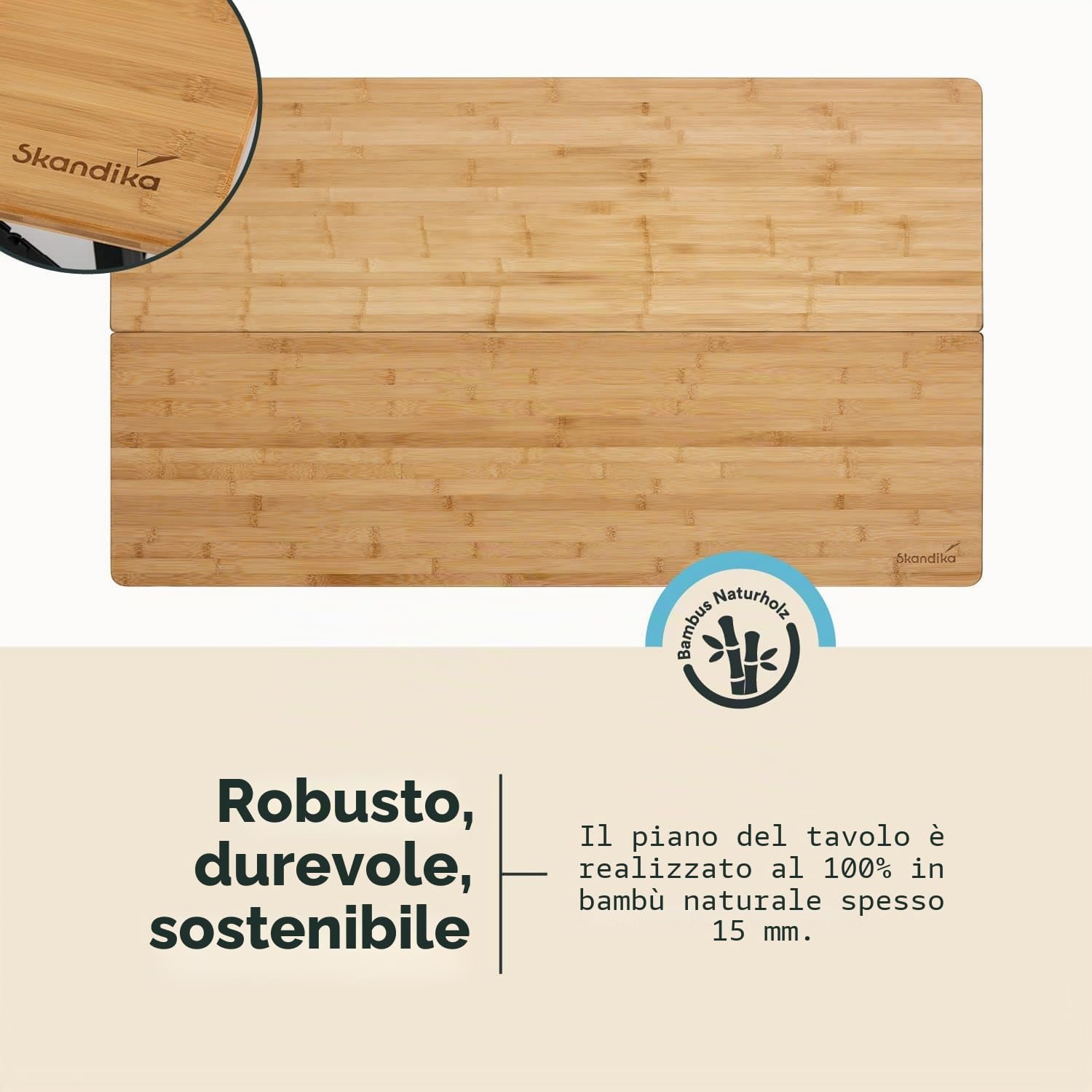 Skandika Tobro Tavolo da campeggio pieghevole | piano in bambù, regolabile in altezza, capacità di carico di 100 kg, resistente alle intemperie, borsa per il trasporto (120x70x70cm)