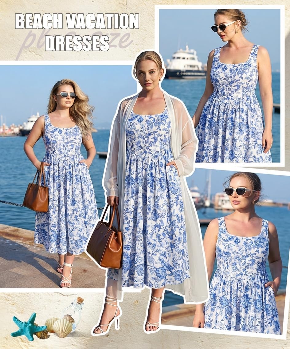 RITERA Plus Size Summer Dresses for Curvy Women Maxi Square Neck Sleeveless Casual Beach Sundress with Pockets, Flowy Dress
