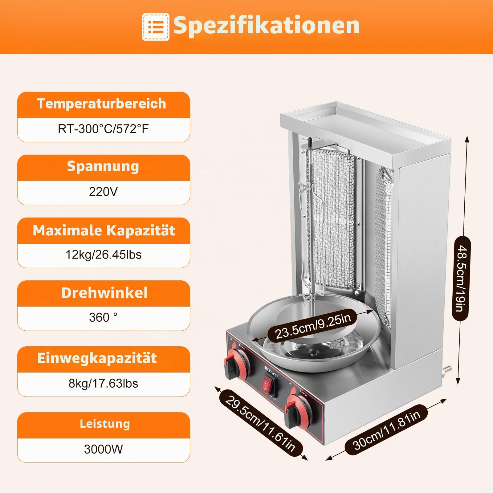 3000W 360° Dönergrill Gas Vertikal | Edelstahl 29x30x48cm | Als Gyros Grill Für Zuhause, Restaurant & Party | 8-12kg Fassung, Bis 300°c | Gleichmäßige Bräunung Durch Rotierenden Drehspieß