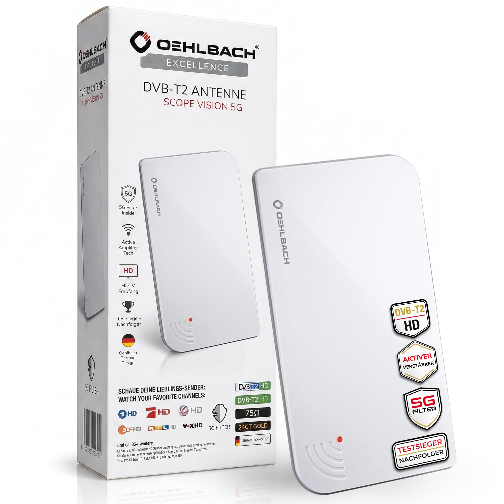Oehlbach Scope Vision 5G DVB-T2 HD Antenne - Digitale Zimmerantenne - Aktiv DVB-T-Verstärker - Nachfolger unseres Testsiegers - mit 5G Filter - Weiß
