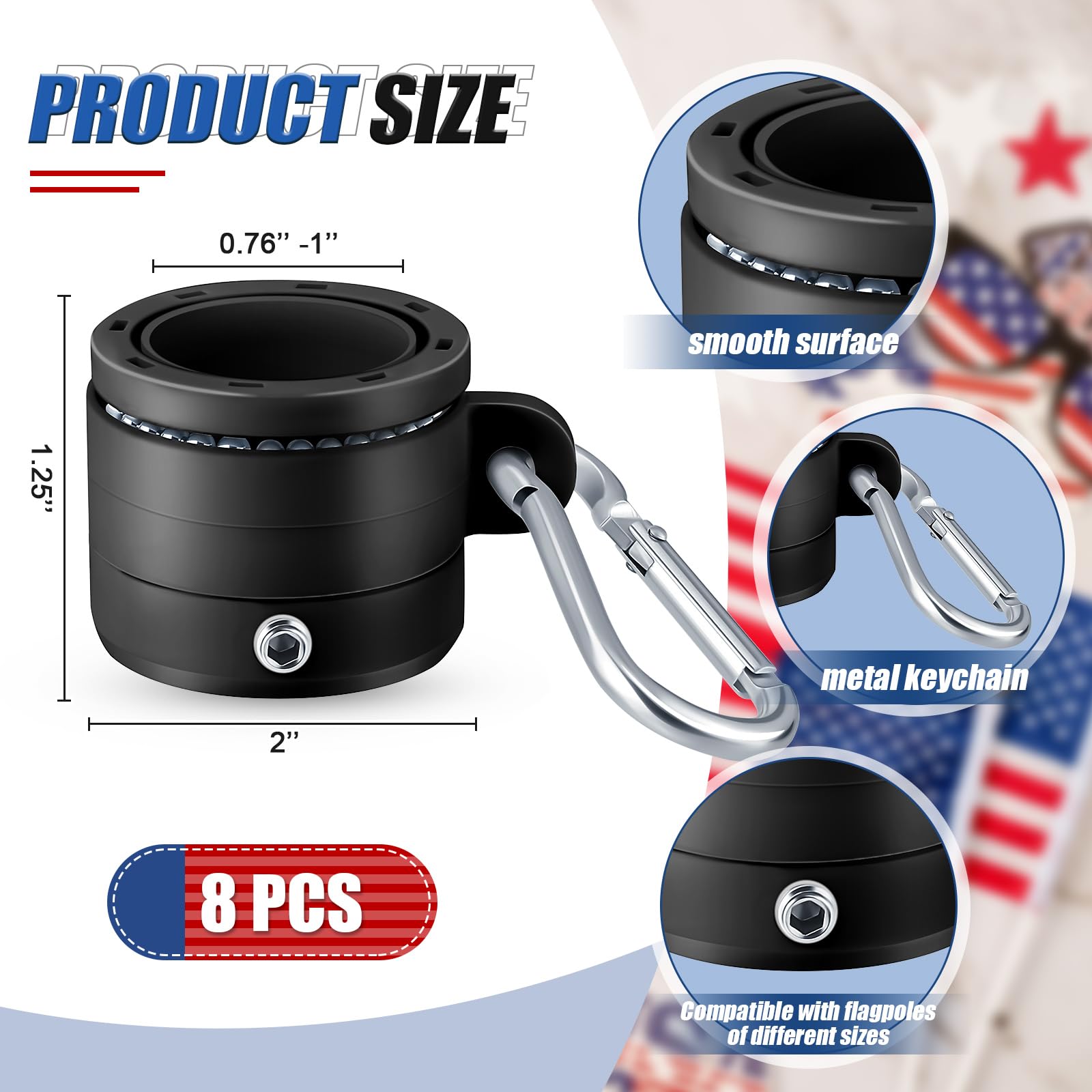 Kigley 8 Pcs Tangle Free Flag Pole Rings for 0.76-1.0 in Flag Pole with Metal Clip 360 Degree Free Rotating Adjustable Fastener Flagpole Mounting Swivel Ring for Independence Day Outside House(Black)
