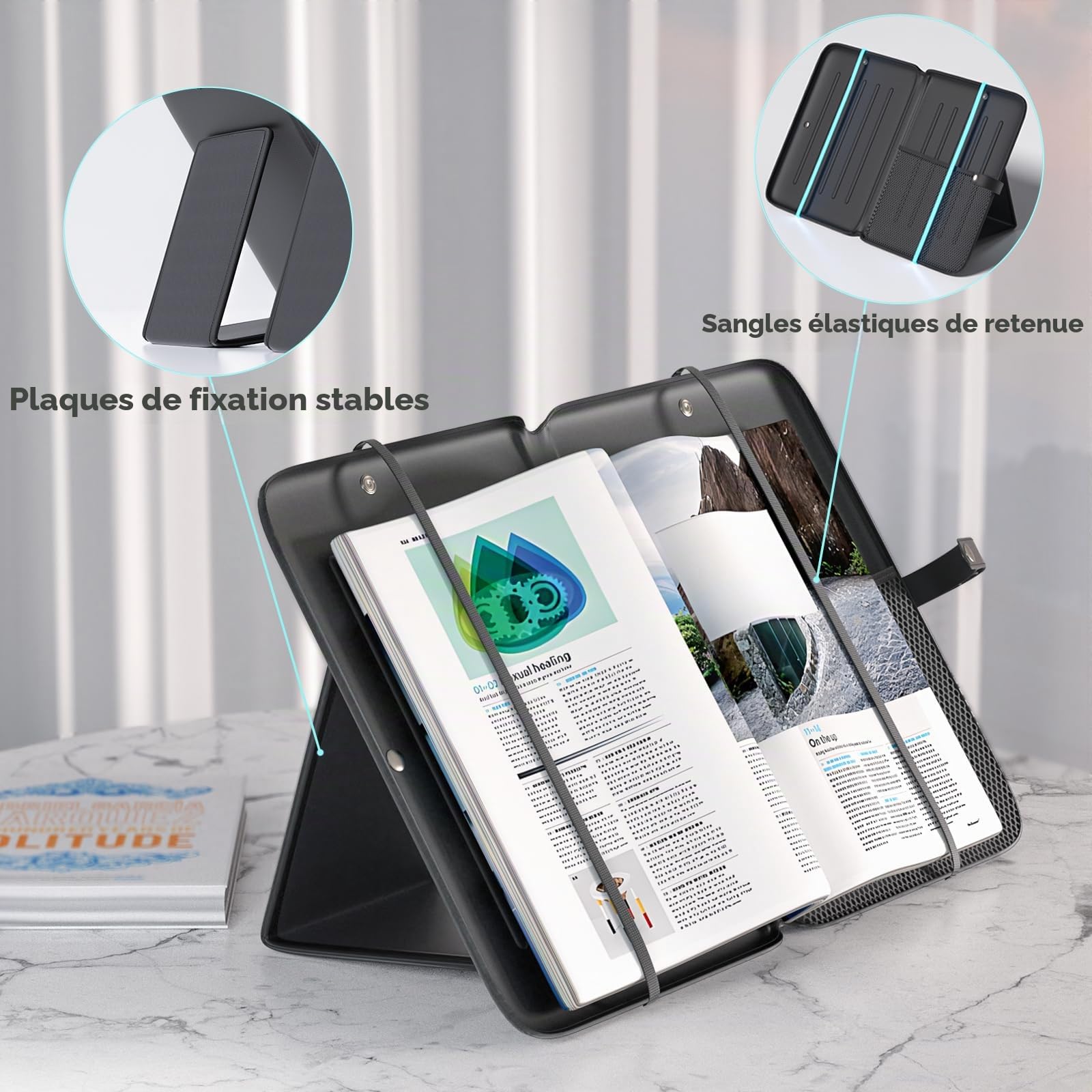 KDD 3 en 1 Support Livre Ouvert, Presentoir Livre Portable avec Sac de Rangement en Filet, Pupitre de Lecture avec 3 Fentes pour Stylos, Porte Livre Léger avec Sangle de Maintien Adapté à Tablette