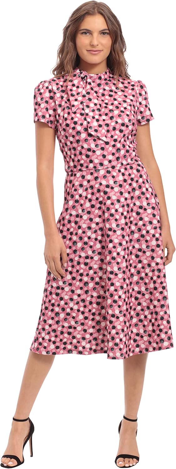 London Times Womens Polished Crepe Tie Neck A-line Dress