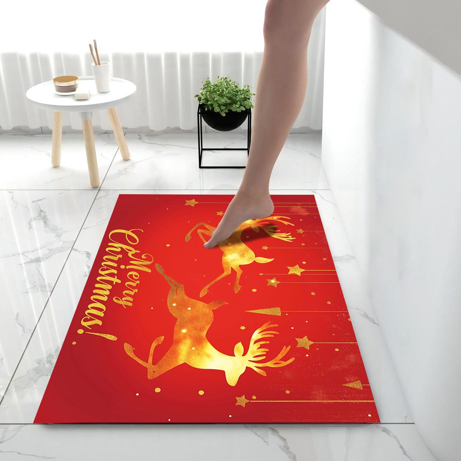 Felpudo de Interior 80x120cm, Diseño de Vuela Reno, Lavable Antideslizante, Alfombrilla Feliz Navidad Plegable de Pelo Corto para Entrada, Alfombra Fácil de Limpiar, Rojo
