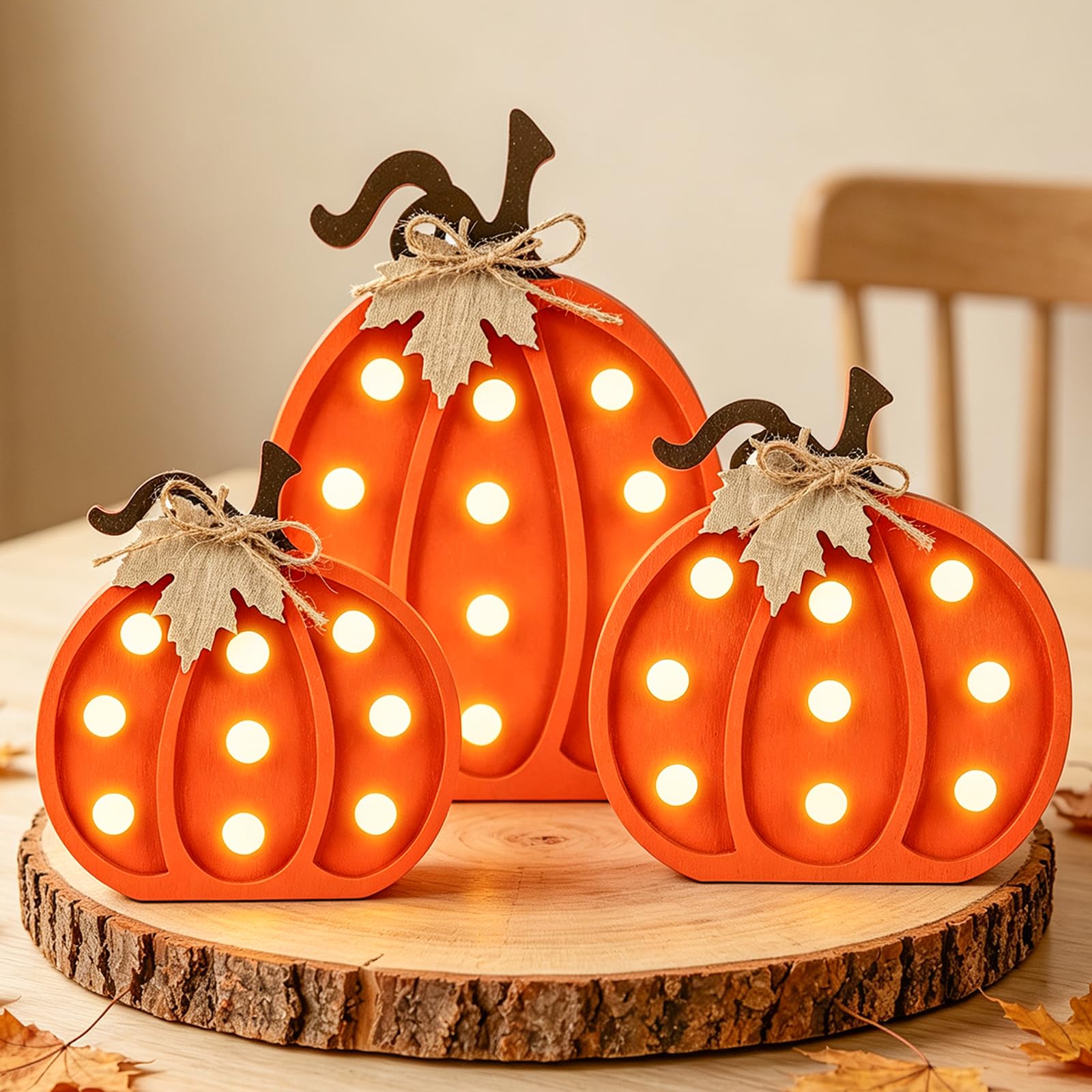 RumonZS Wooden Light Up Pumpkins Fall Pumpkin Decor Set of 3