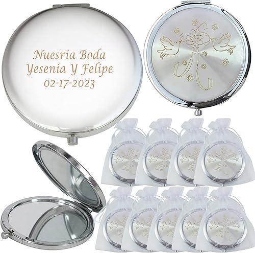 Favores de boda (12 piezas) personalizado grabado láser de despedida de soltera, decoración de mesa de compromiso espejo compacto