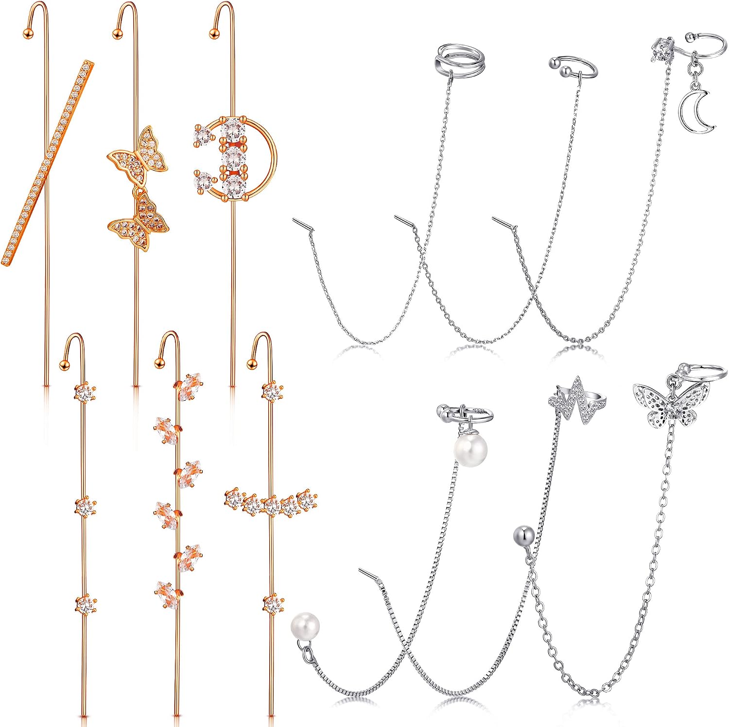 12 Pieces Ear Cuff Wrap Crawler Hook Earrings Rhinestone Chain Tassel Earrings Simple Ear Clips for Women Girl Valentine's Day