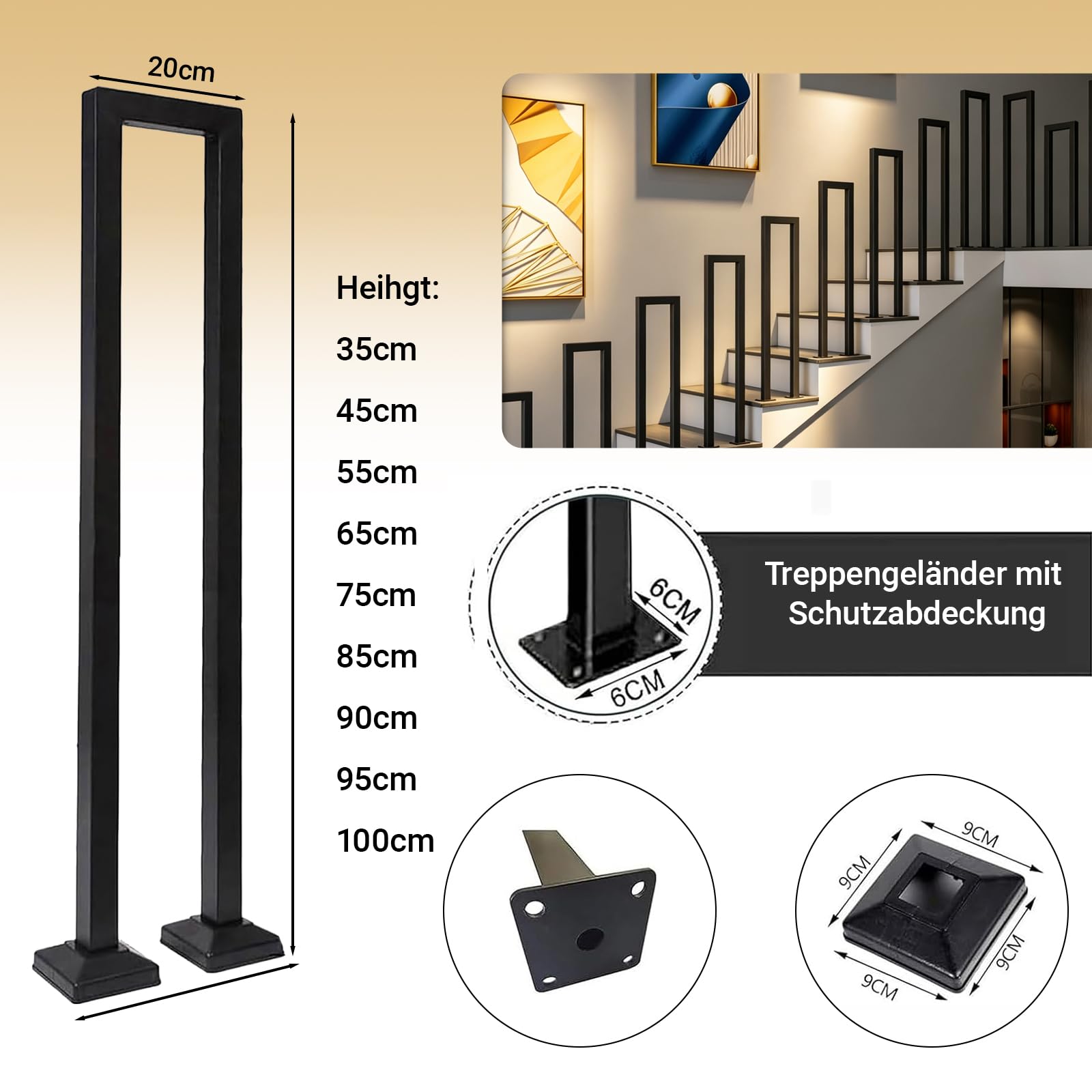 Adjuble U-Sd wewnętrzna poręcz ir z zestawem montażowym, wysokość 35-115 cm, żywica rdzawa, idealna dla seniorów, weranda i taras, kąt prosty 55 cm, czarna