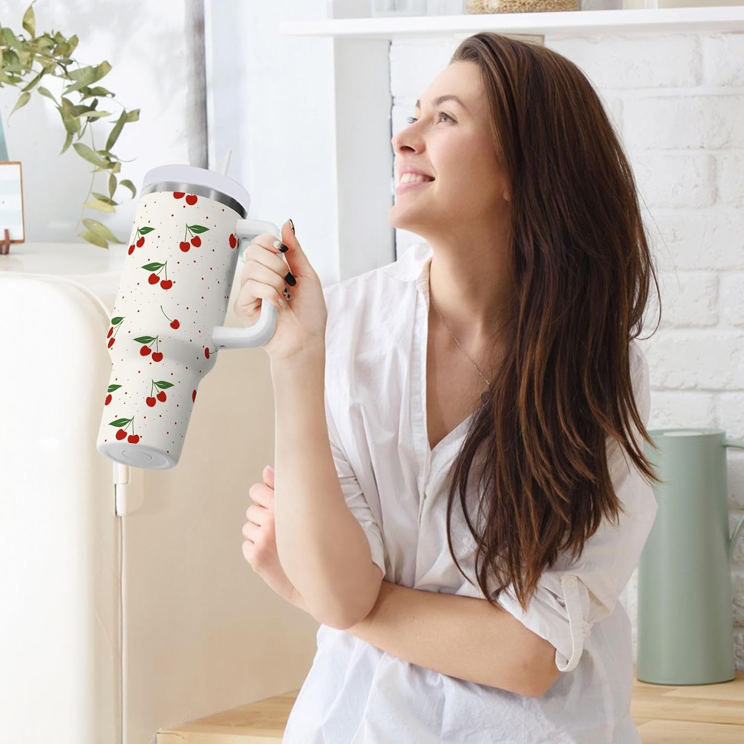 Cherry Print Pattern Stainless Steel Tumbler with Handle and Straw, Water Bottle Reusable Insulated Travel Mug, 40 Ounces - Image 6